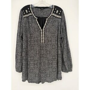 Lucky Brand Blouse Womens 2X Black Excellent Embroidered Boho Medallion Top